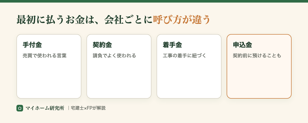 注文住宅で最初に払うお金の呼び方は会社ごとに違う(手付金・契約金・着手金・申込金)