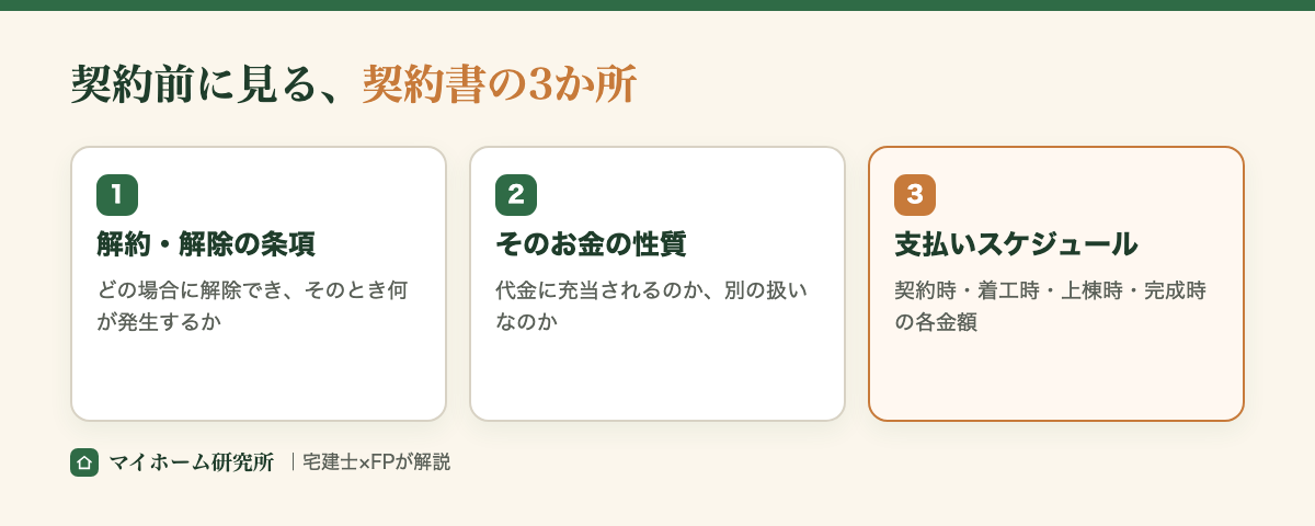契約書で見る3か所。解約・解除の条項、そのお金の性質、支払いスケジュール
