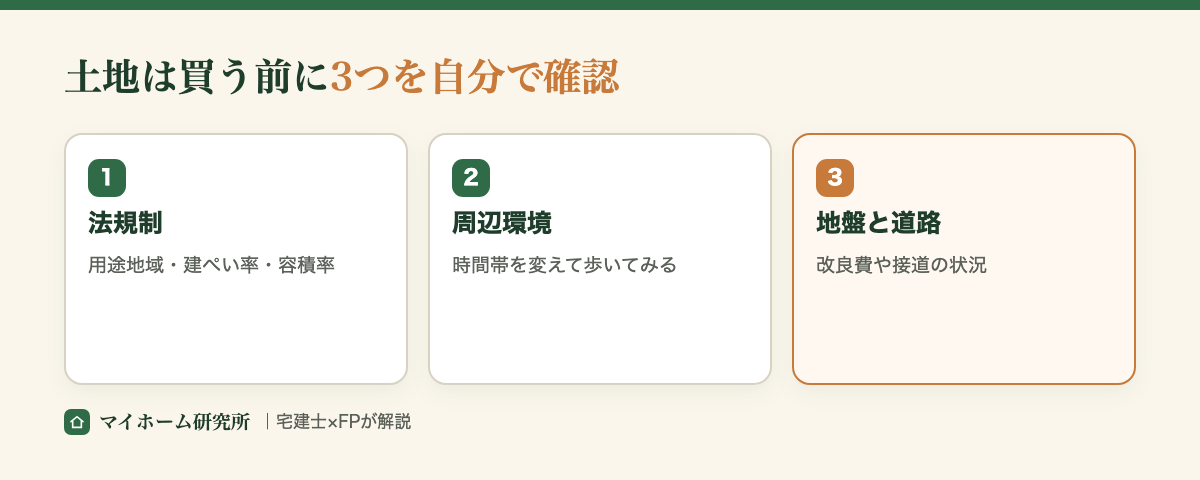 土地は買う前に法規制・周辺環境・地盤と道路の3つを確認する